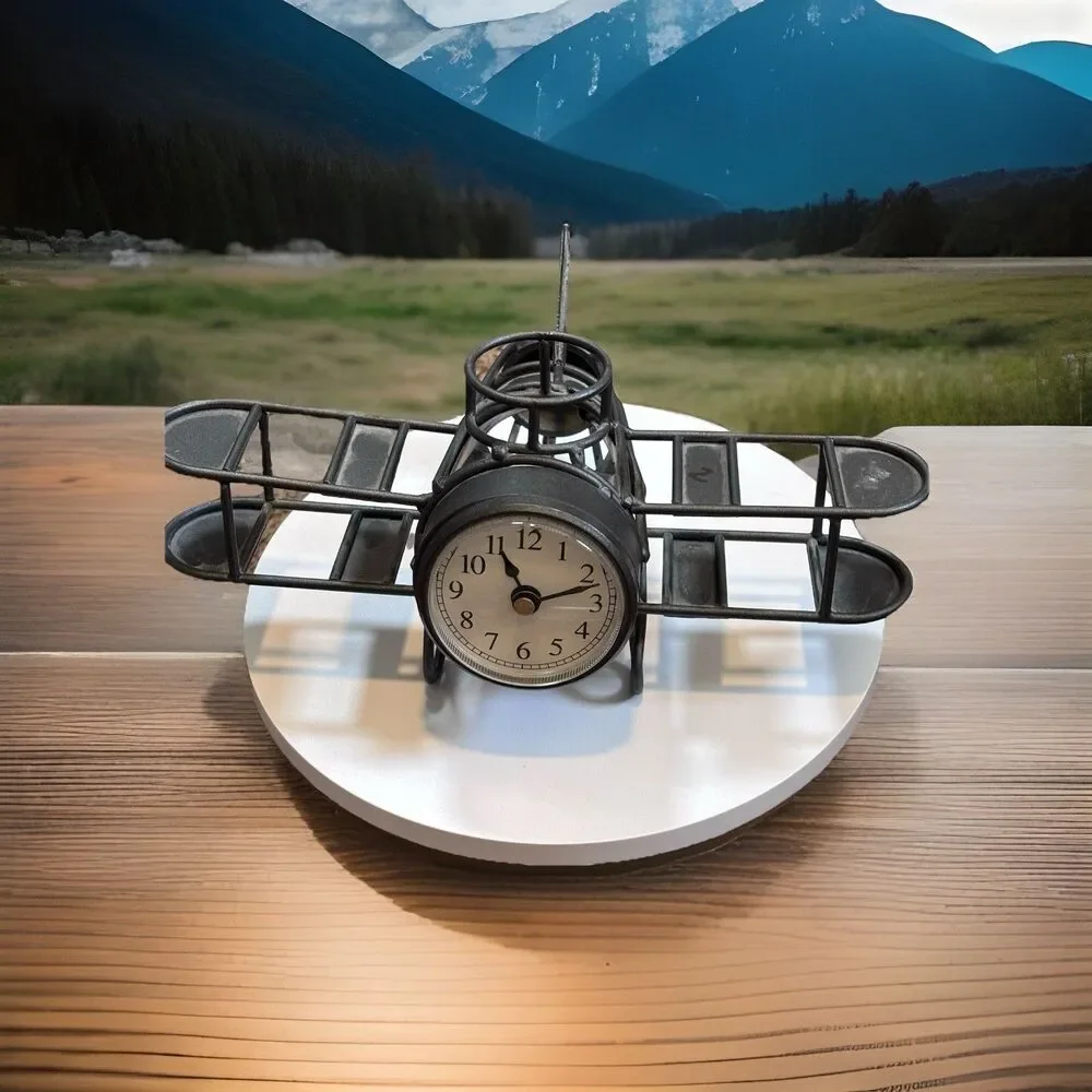 Timex Mini-Clock Plane Silver Desktop Pencil Holder Office Aviation Collectible
